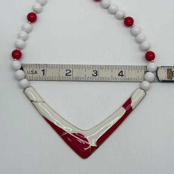 Vintage Red & White Enamel Beaded Necklace With Gold-Tone V-Shaped - Picture 8 of 9